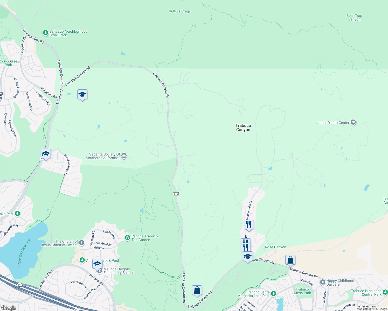 map of restaurants, bars, coffee shops, grocery stores, and more near 30502 Shelter Canyon Road in Trabuco Canyon