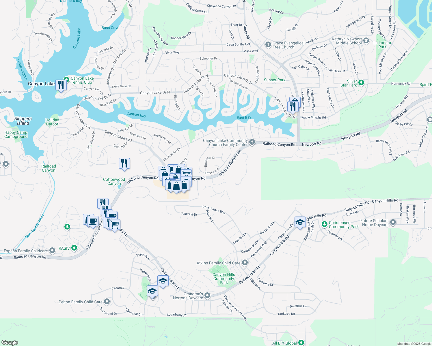 map of restaurants, bars, coffee shops, grocery stores, and more near 30938 Emperor Dr in Canyon Lake
