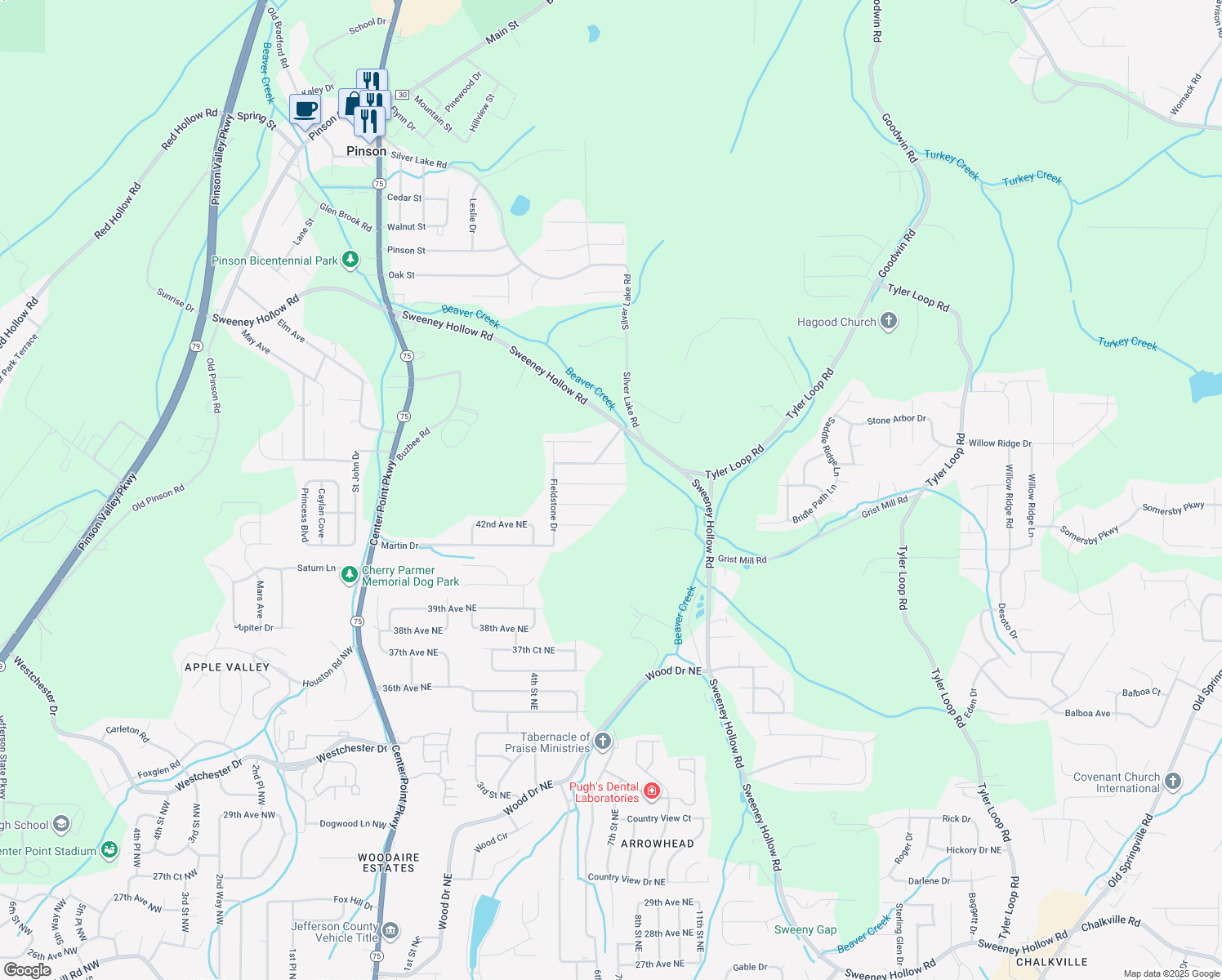 map of restaurants, bars, coffee shops, grocery stores, and more near 548 Bailey Drive in Birmingham