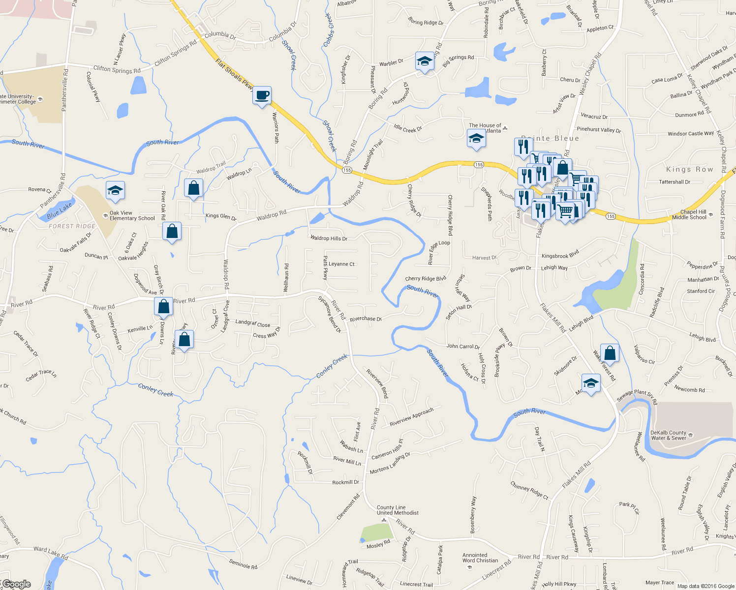 map of restaurants, bars, coffee shops, grocery stores, and more near 4271 Waldrop Hills Terrace in Decatur