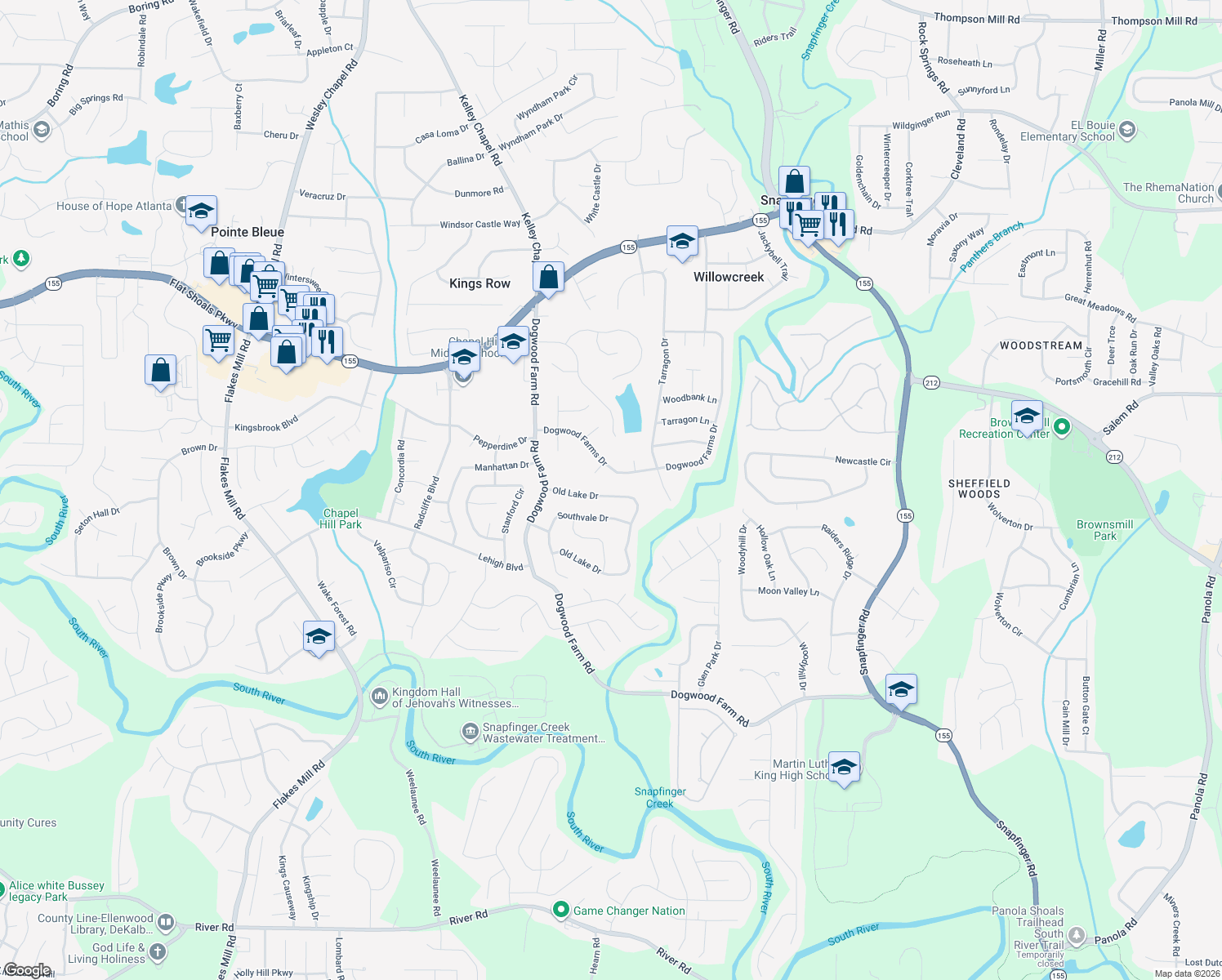 map of restaurants, bars, coffee shops, grocery stores, and more near 4358 Old Lake Drive in Decatur