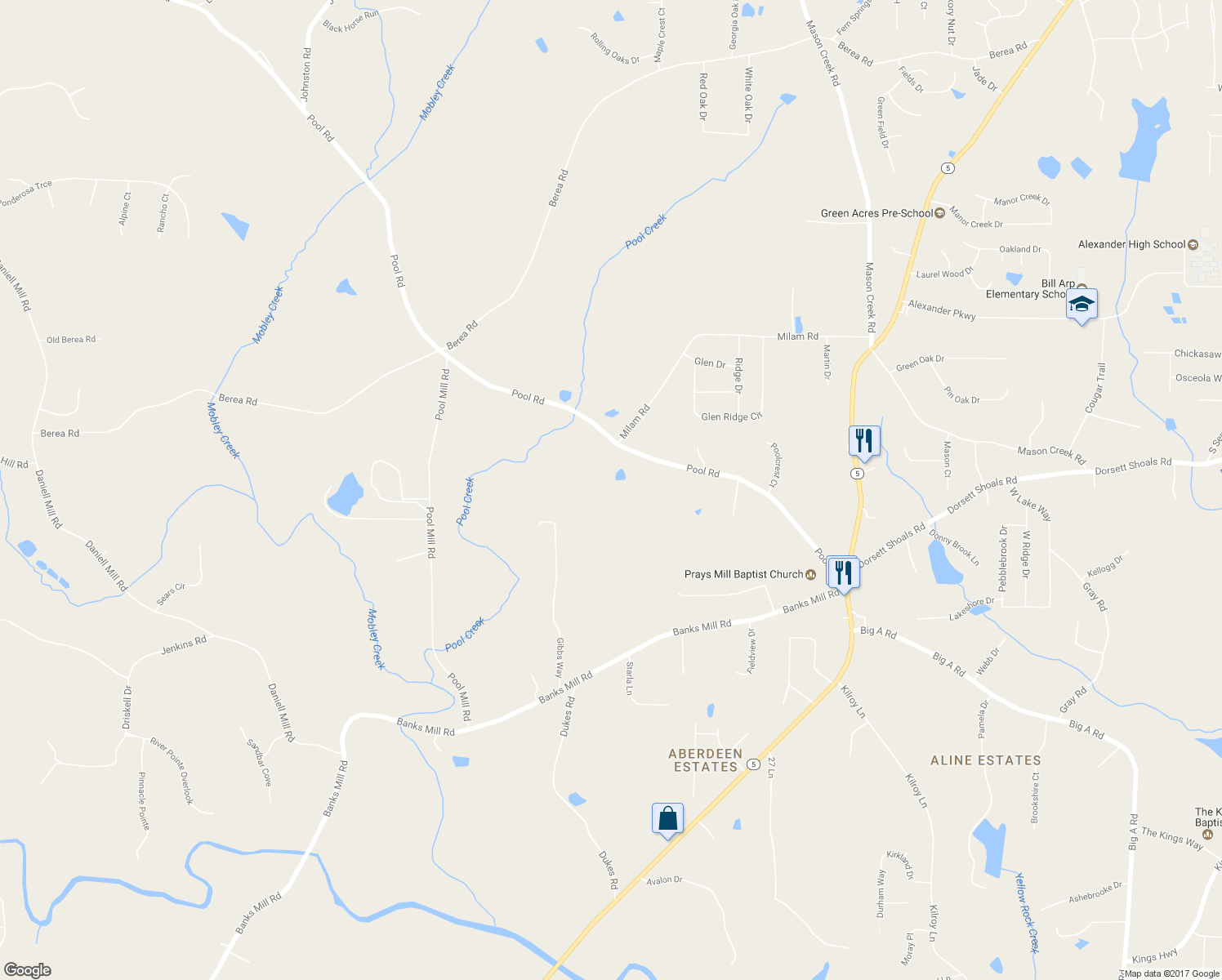 map of restaurants, bars, coffee shops, grocery stores, and more near 4761 Pool Road in Winston