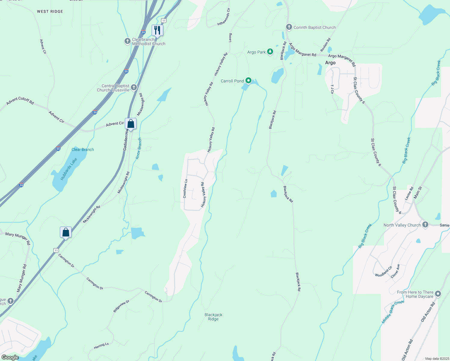 map of restaurants, bars, coffee shops, grocery stores, and more near 1005 Brooke Lane in Trussville