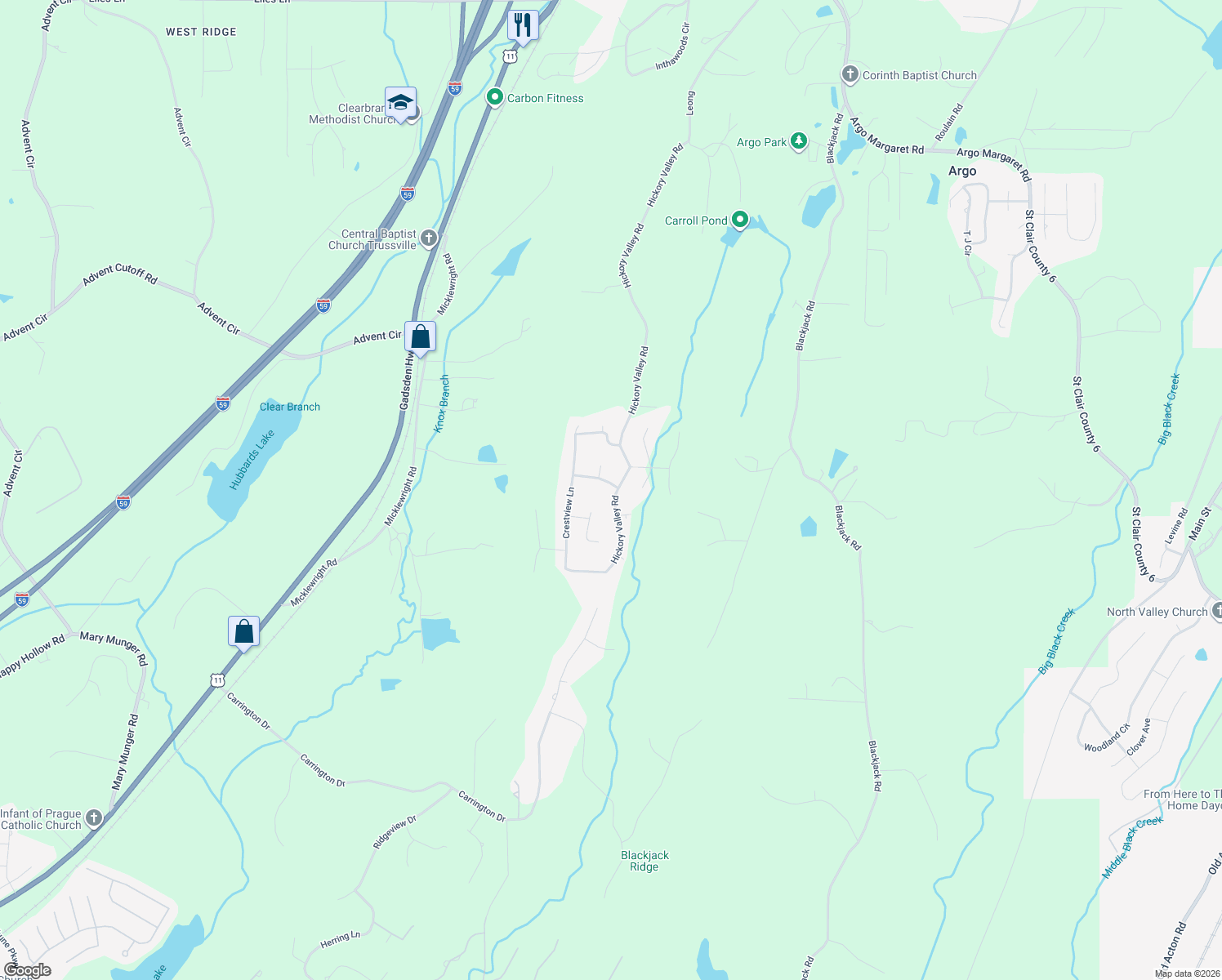 map of restaurants, bars, coffee shops, grocery stores, and more near 990 Hickory Valley Road in Trussville