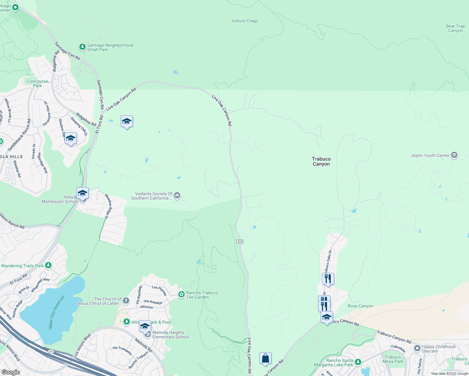 map of restaurants, bars, coffee shops, grocery stores, and more near 19735 Live Oak Canyon Road in Trabuco Canyon
