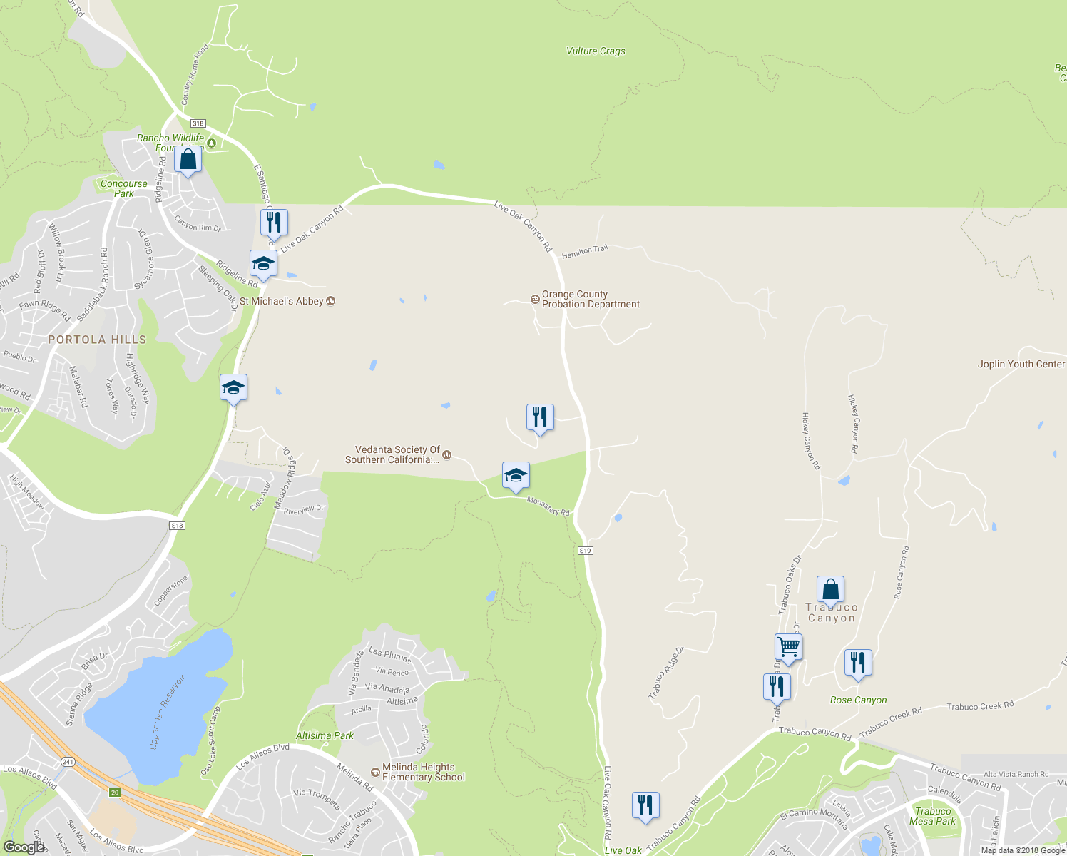 map of restaurants, bars, coffee shops, grocery stores, and more near Canyon Creek Drive in Trabuco Canyon