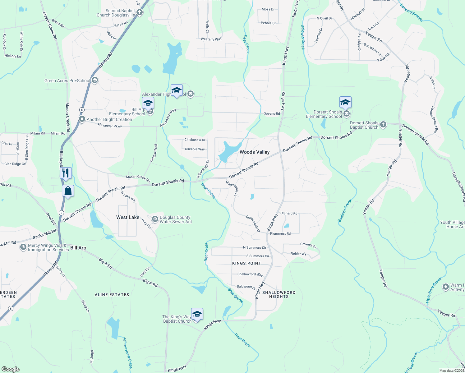 map of restaurants, bars, coffee shops, grocery stores, and more near 6405 Queensdale Dr in Douglasville