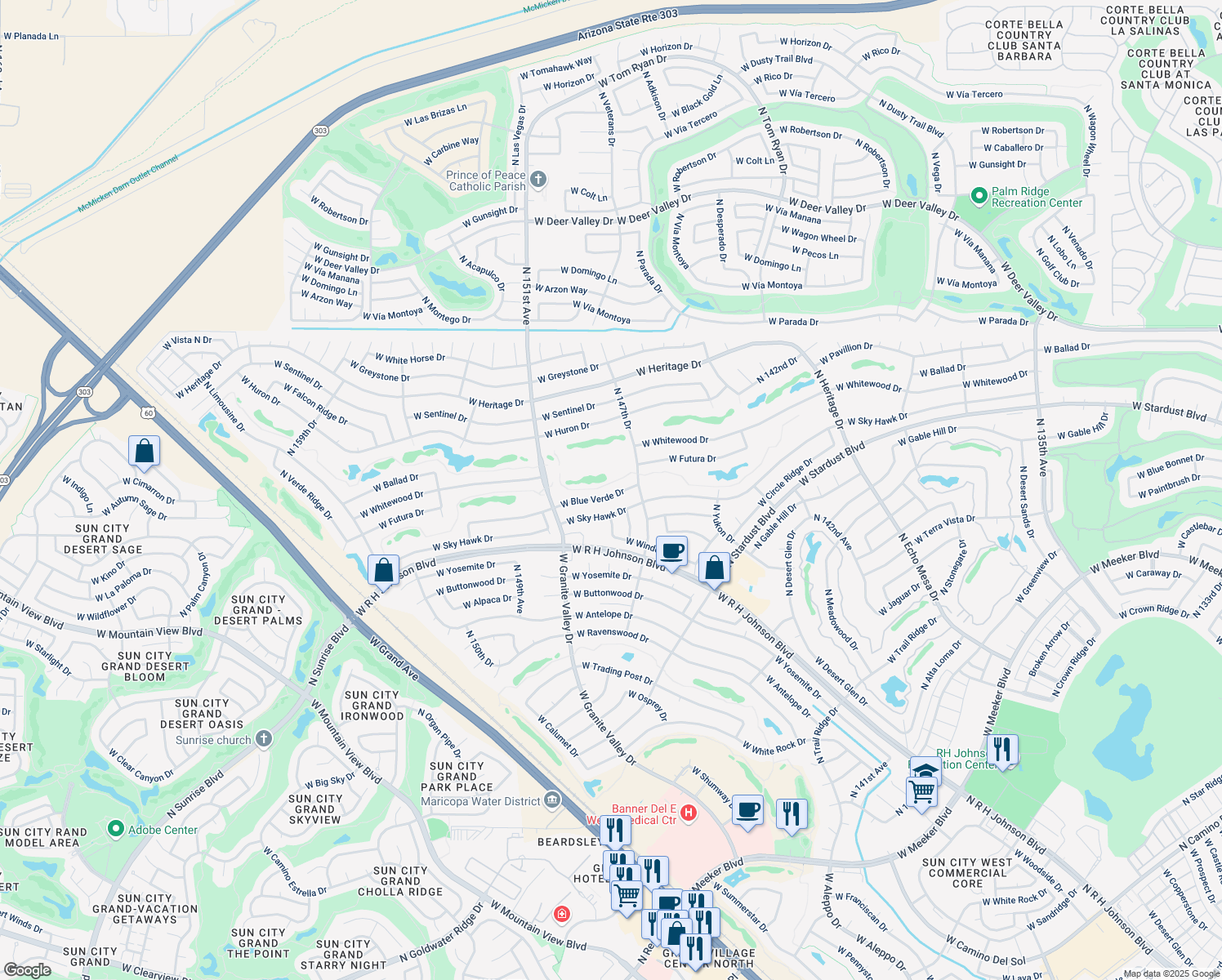 map of restaurants, bars, coffee shops, grocery stores, and more near 14722 W Blue Verde Dr in Sun City West