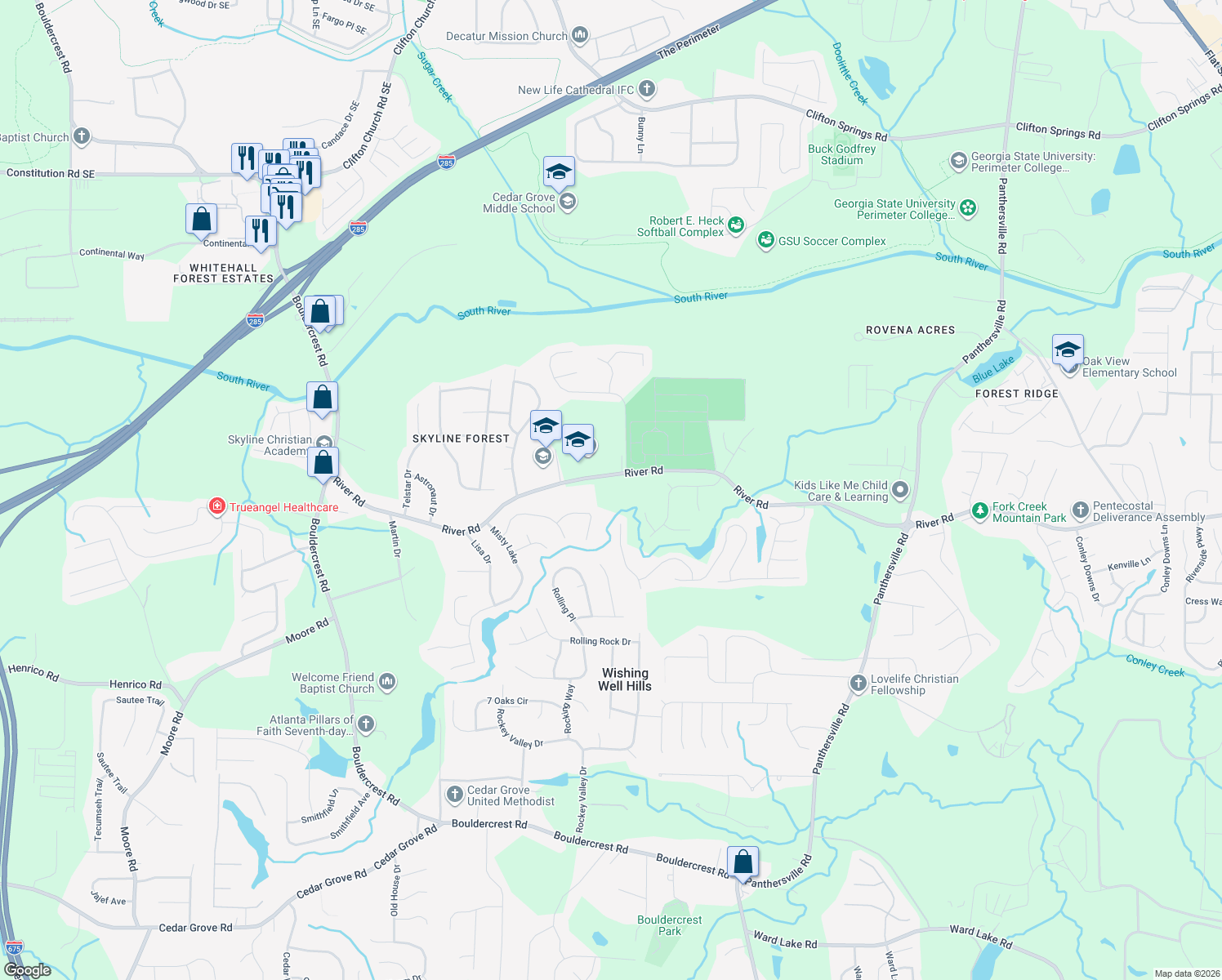 map of restaurants, bars, coffee shops, grocery stores, and more near 2411 River Rd in Ellenwood