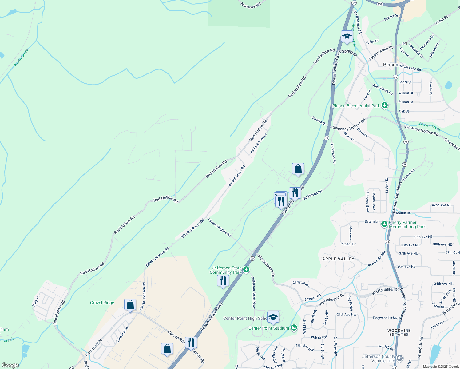 map of restaurants, bars, coffee shops, grocery stores, and more near 5778 Walnut Grove Road in Birmingham