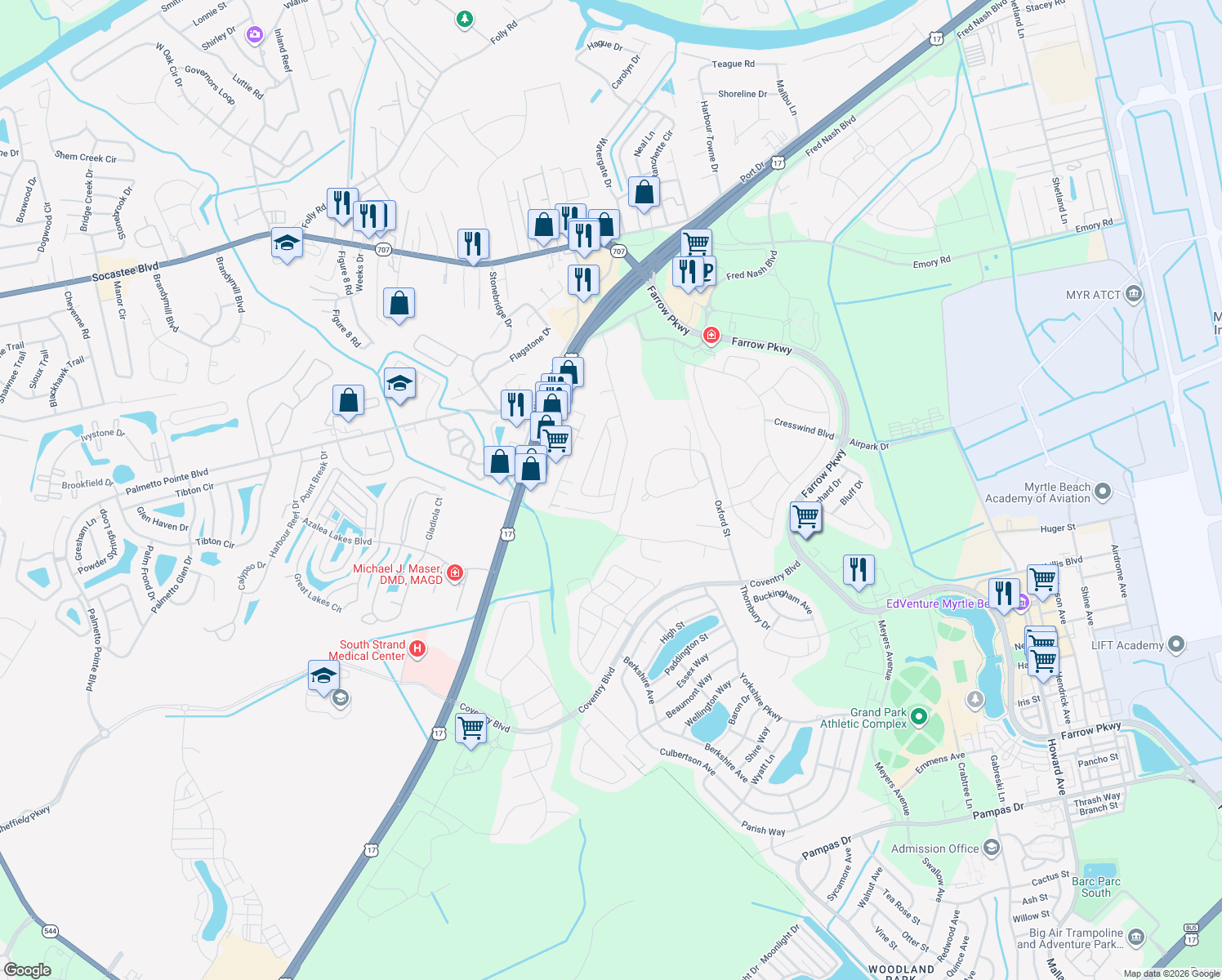 map of restaurants, bars, coffee shops, grocery stores, and more near 2705 Temperance Dr in Myrtle Beach