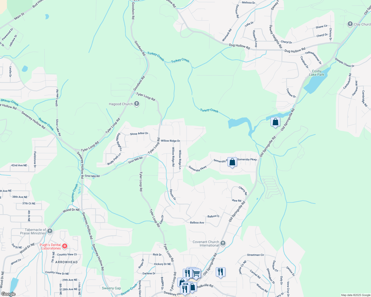map of restaurants, bars, coffee shops, grocery stores, and more near 5900 Honeysuckle Circle in Pinson