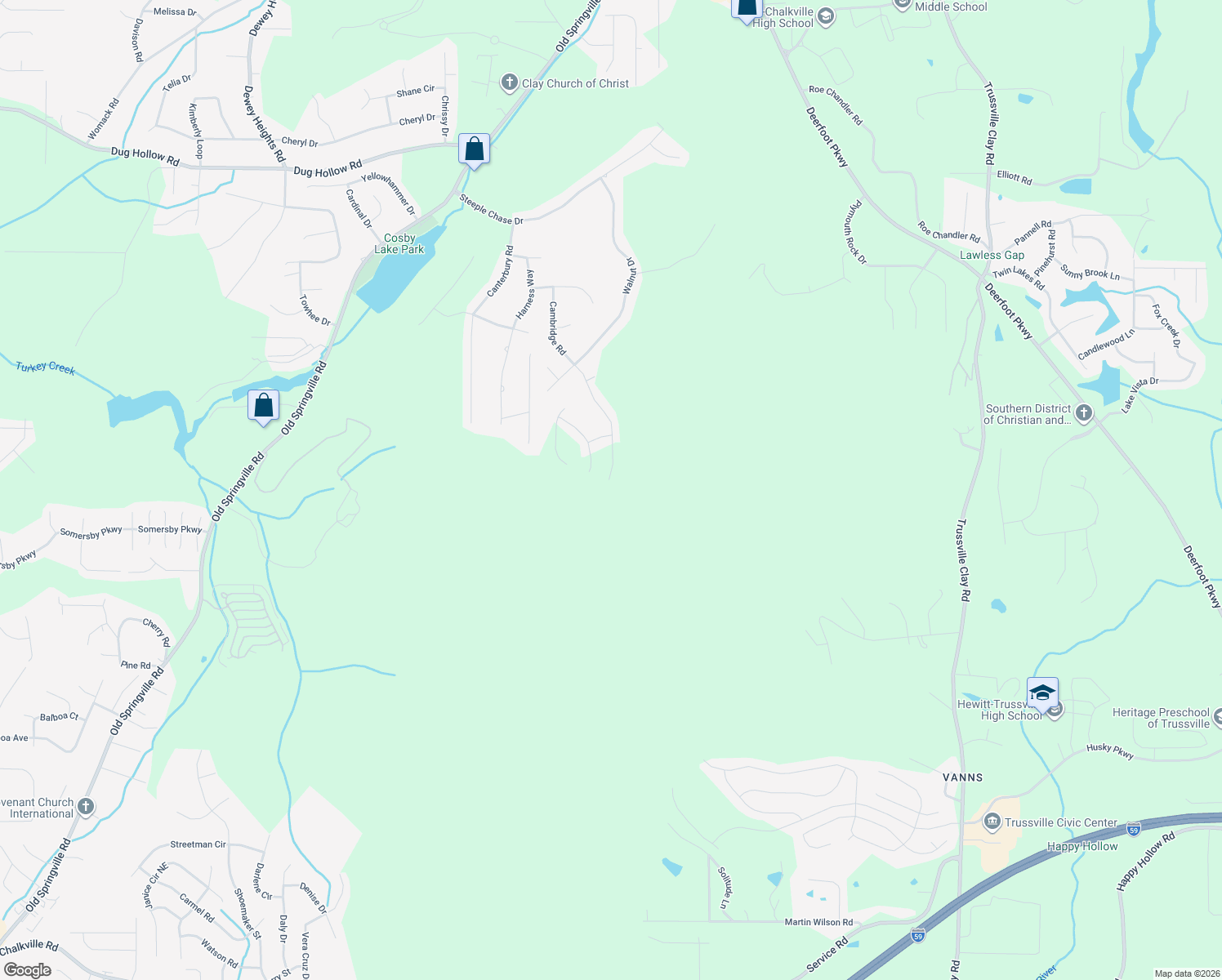 map of restaurants, bars, coffee shops, grocery stores, and more near 6381 Cambridge Road in Pinson