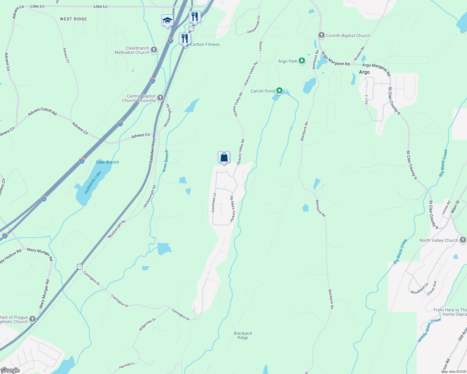 map of restaurants, bars, coffee shops, grocery stores, and more near 990 Hickory Valley Road in Trussville