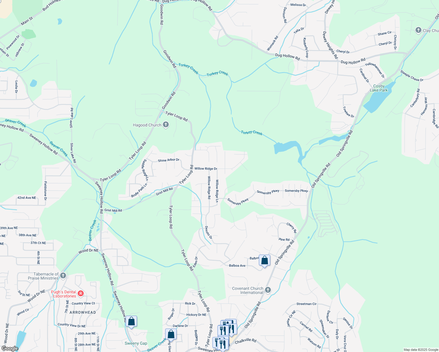 map of restaurants, bars, coffee shops, grocery stores, and more near 5900 Honeysuckle Circle in Pinson