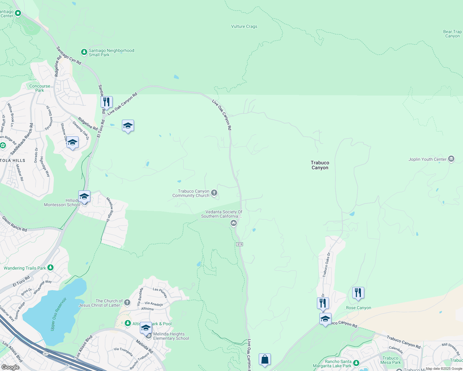 map of restaurants, bars, coffee shops, grocery stores, and more near 30271 Canyon Creek Drive in Trabuco Canyon