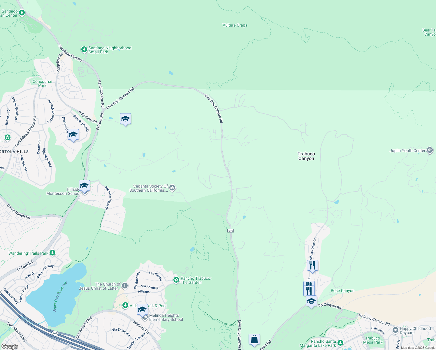 map of restaurants, bars, coffee shops, grocery stores, and more near 30221 Canyon Creek Drive in Trabuco Canyon