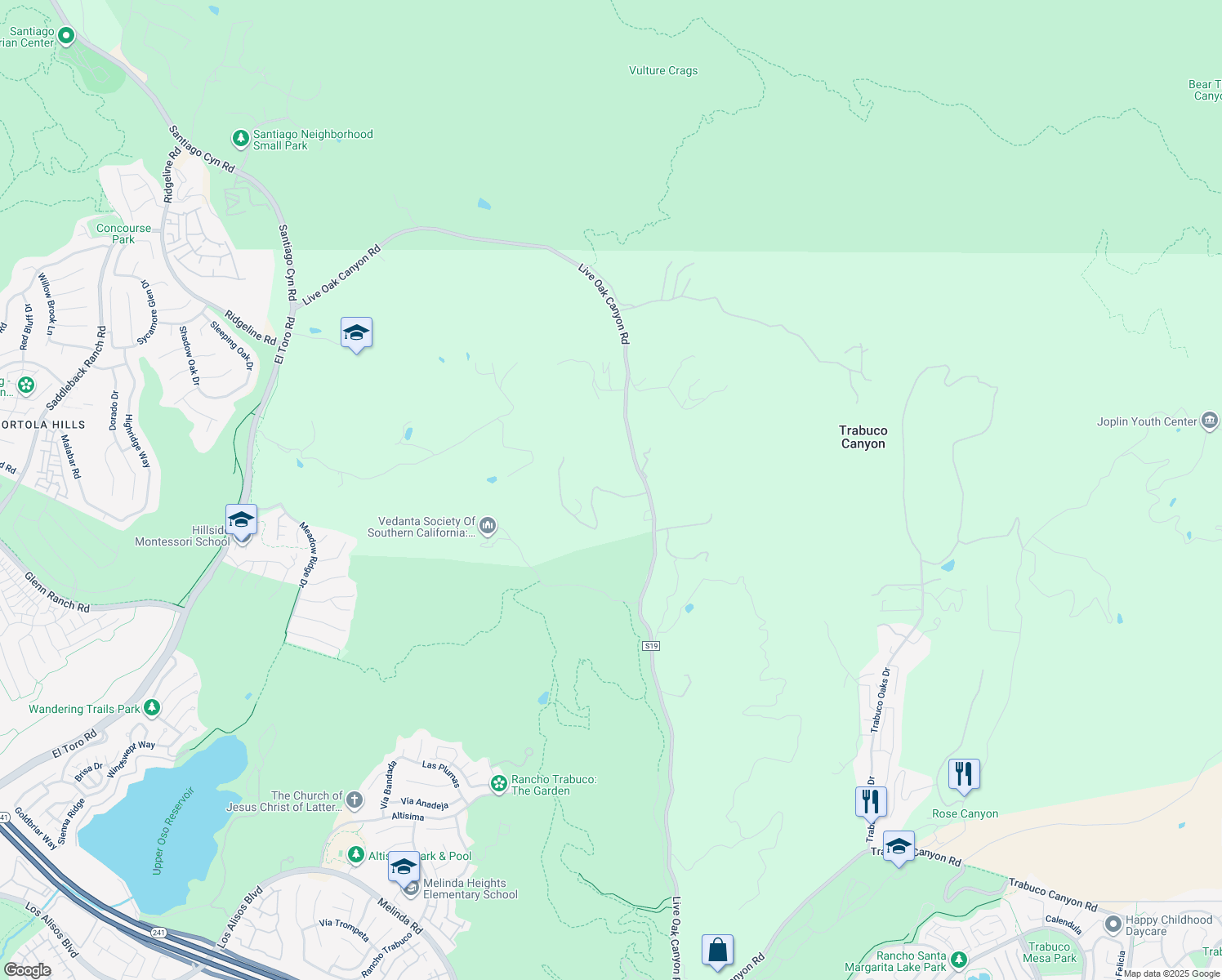 map of restaurants, bars, coffee shops, grocery stores, and more near 30221 Canyon Creek Drive in Trabuco Canyon