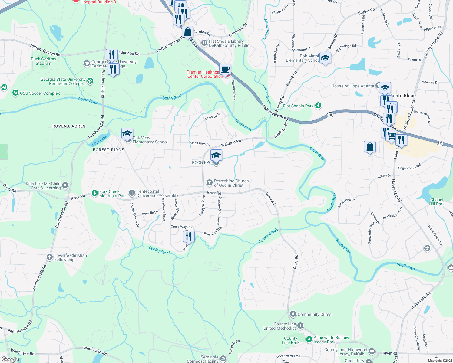 map of restaurants, bars, coffee shops, grocery stores, and more near 3376 River Rd in Decatur