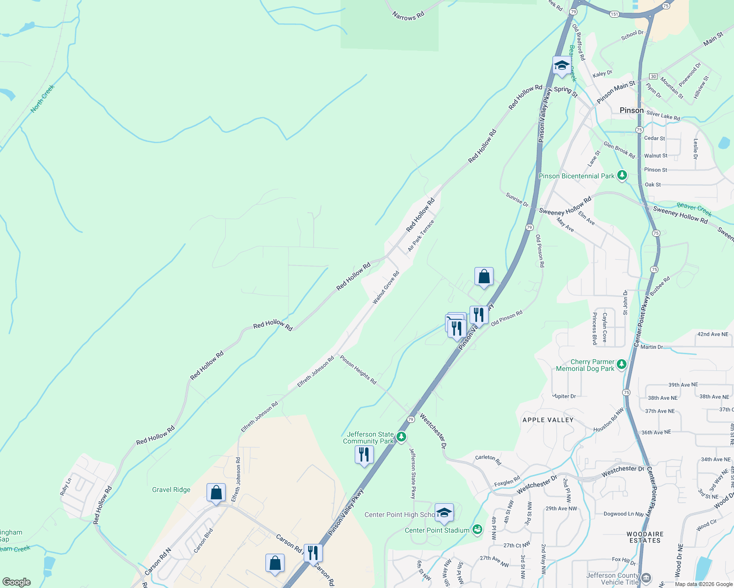 map of restaurants, bars, coffee shops, grocery stores, and more near 5778 Walnut Grove Road in Birmingham