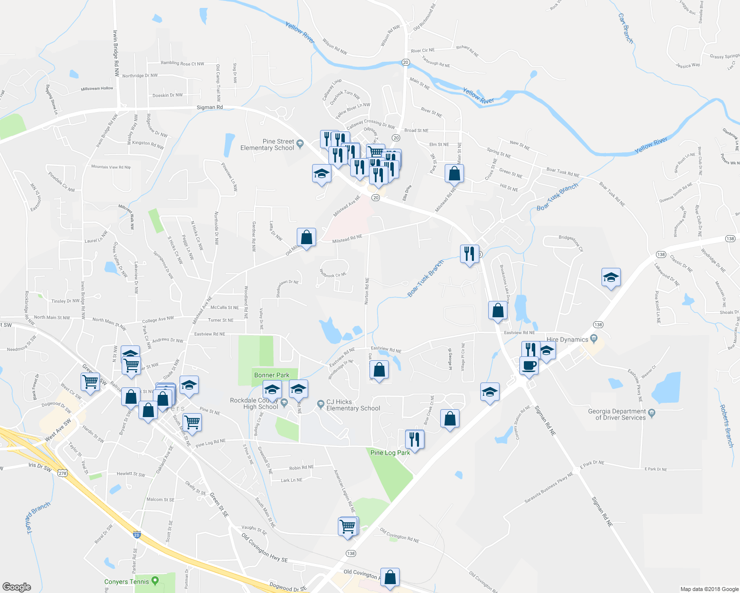 map of restaurants, bars, coffee shops, grocery stores, and more near 1255 Norton Road Northeast in Conyers