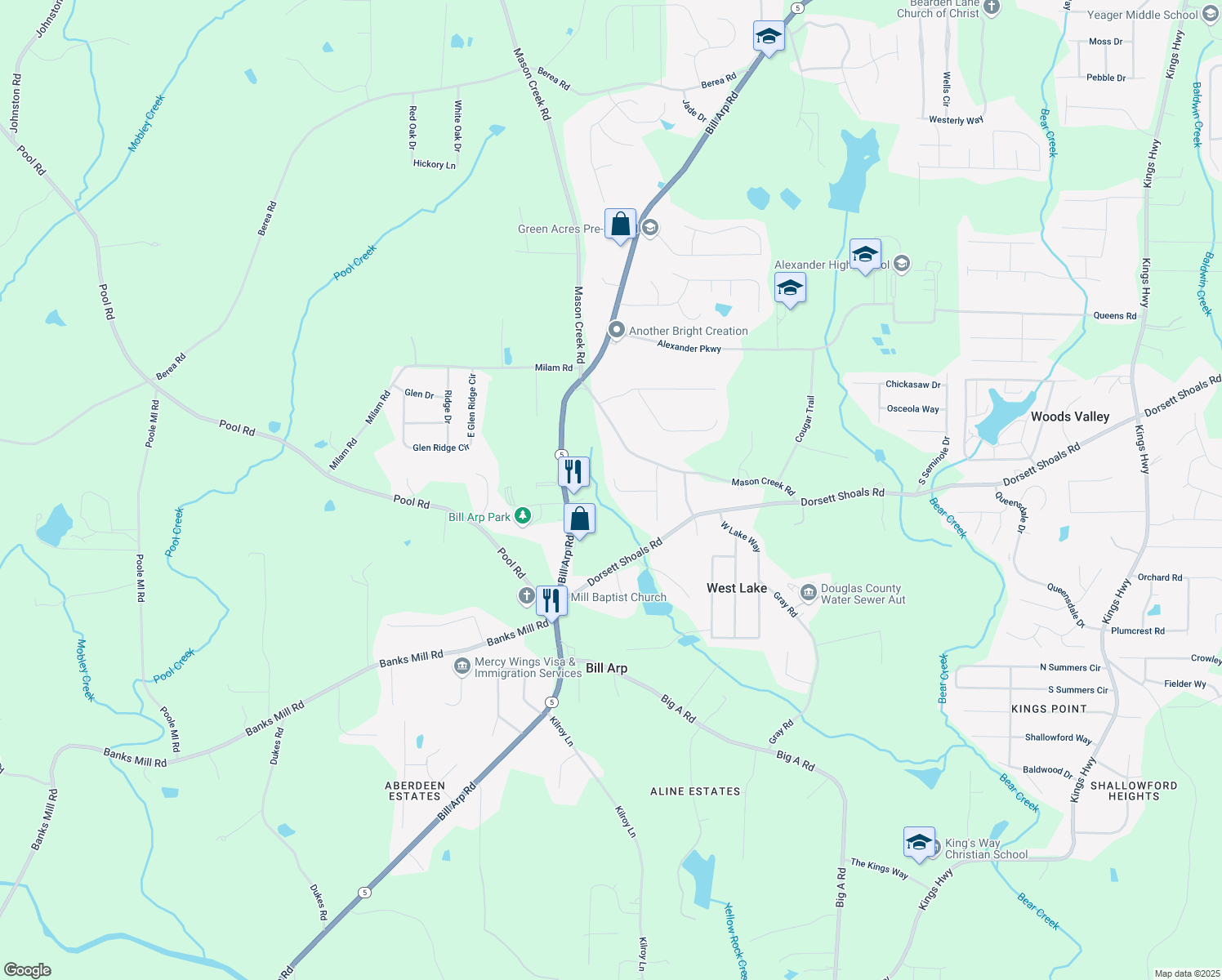 map of restaurants, bars, coffee shops, grocery stores, and more near 6893 Spring Valley Court in Douglasville