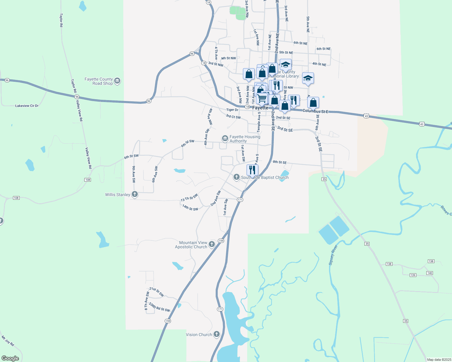 map of restaurants, bars, coffee shops, grocery stores, and more near 199 2nd Avenue Southwest in Fayette