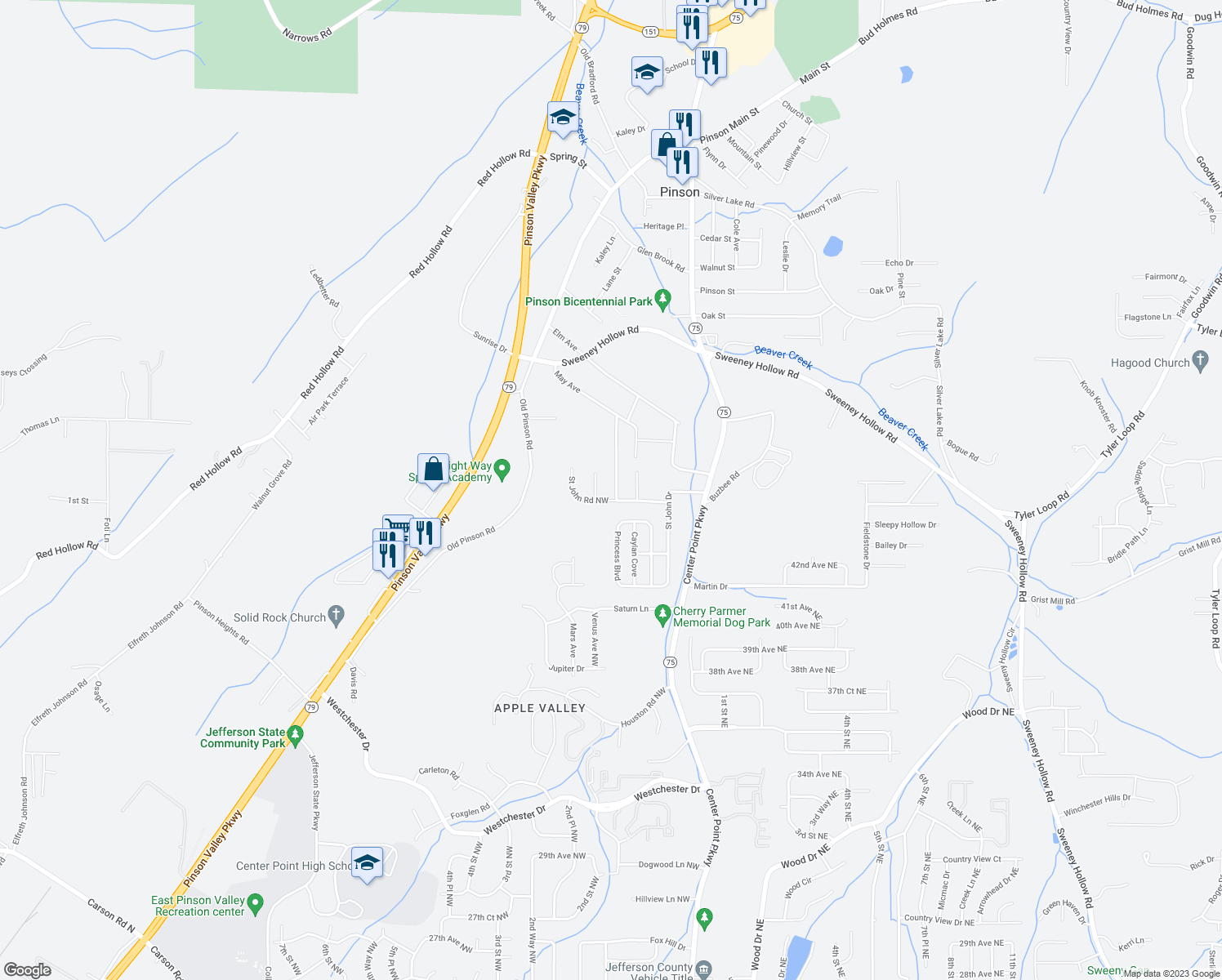 map of restaurants, bars, coffee shops, grocery stores, and more near 4006 Saint John Road Northwest in Birmingham