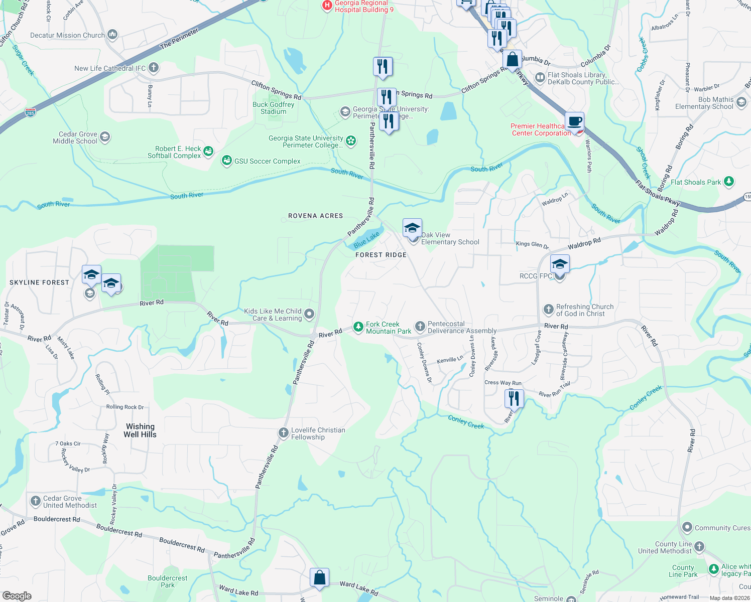map of restaurants, bars, coffee shops, grocery stores, and more near 2840 Green Marsh Court in Decatur
