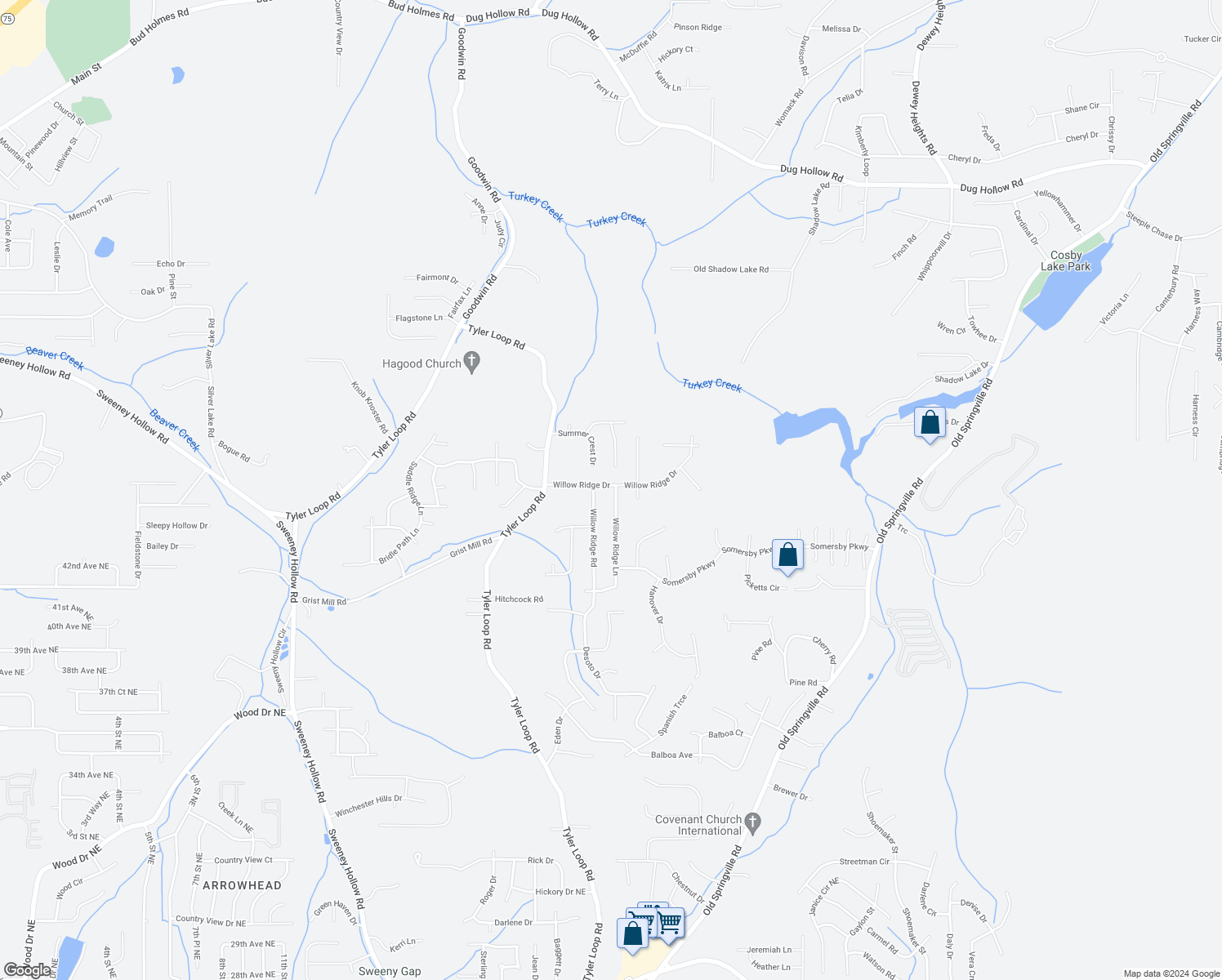 map of restaurants, bars, coffee shops, grocery stores, and more near 5388 Willow Ridge Lane in Pinson
