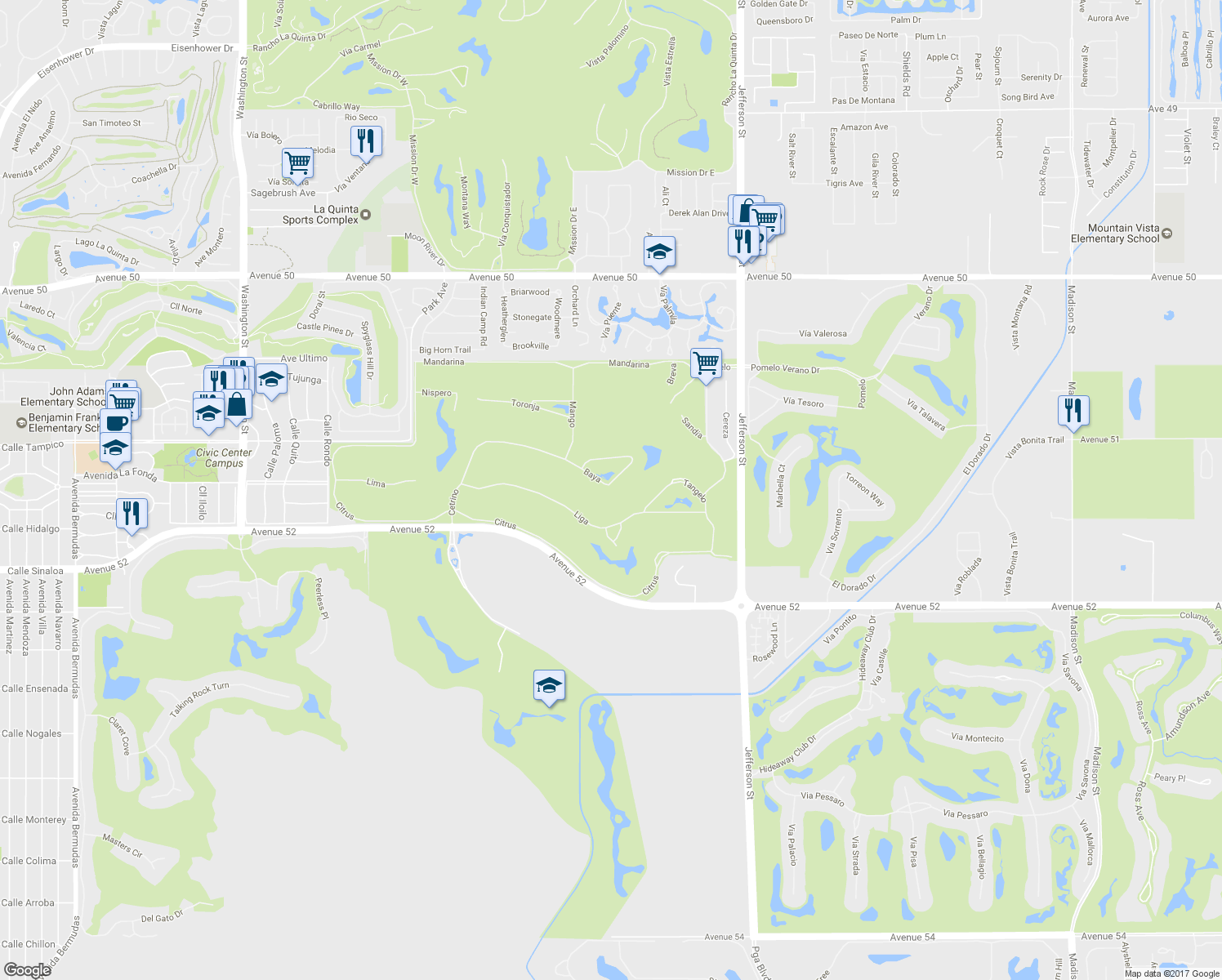 map of restaurants, bars, coffee shops, grocery stores, and more near 79655 Cetrino in La Quinta