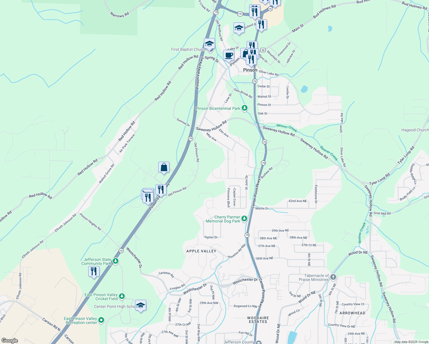 map of restaurants, bars, coffee shops, grocery stores, and more near 390 Saint John Road Northwest in Birmingham