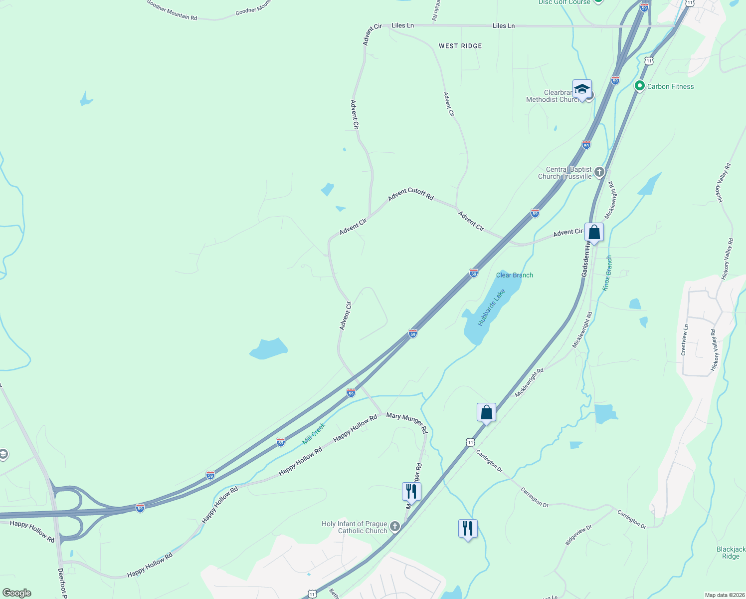 map of restaurants, bars, coffee shops, grocery stores, and more near 7519 Mountain Top Circle in Trussville