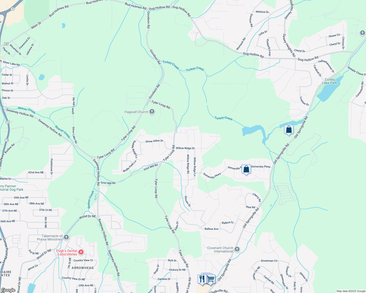 map of restaurants, bars, coffee shops, grocery stores, and more near 5140 Willow Ridge Drive in Pinson