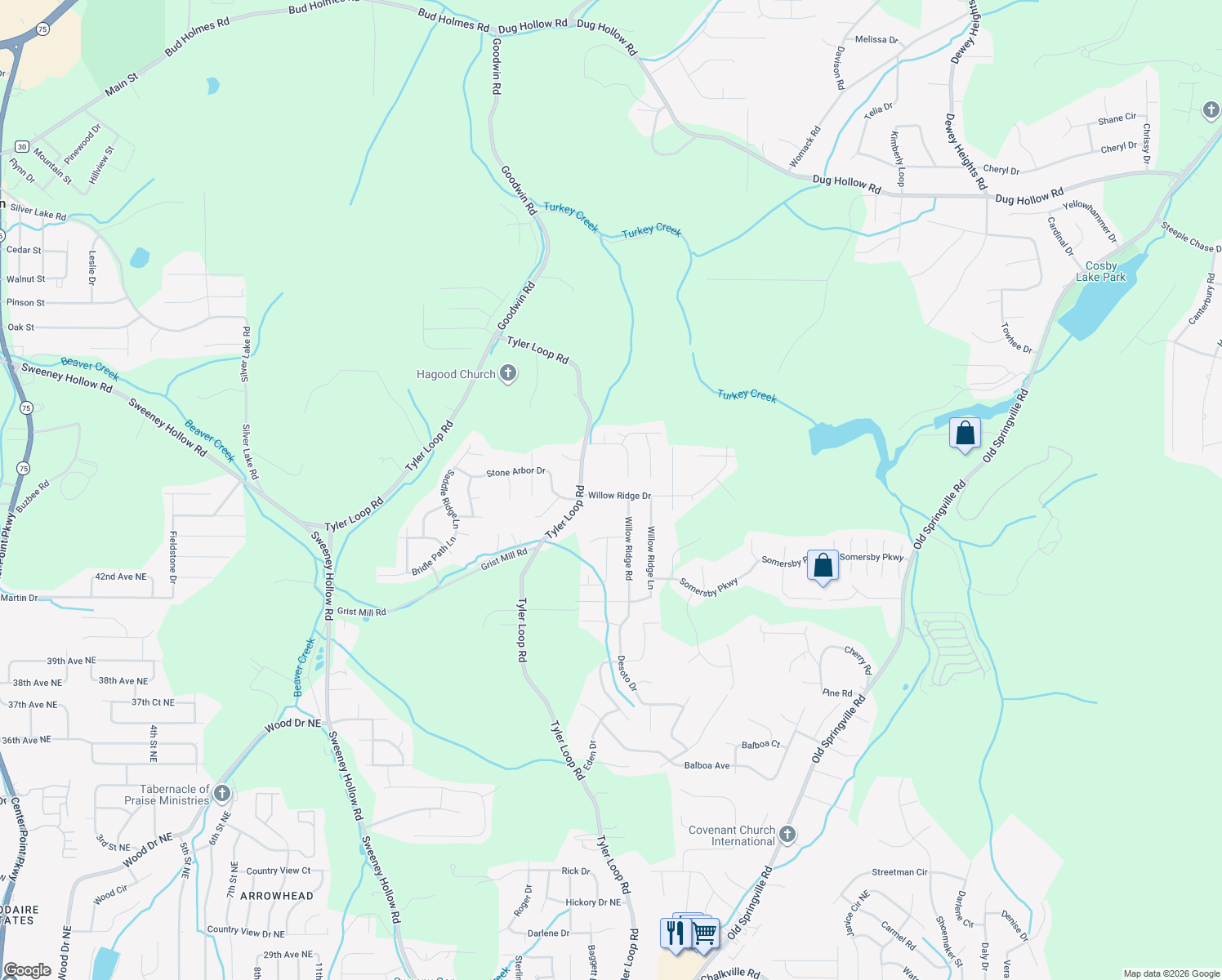 map of restaurants, bars, coffee shops, grocery stores, and more near 5140 Willow Ridge Drive in Pinson