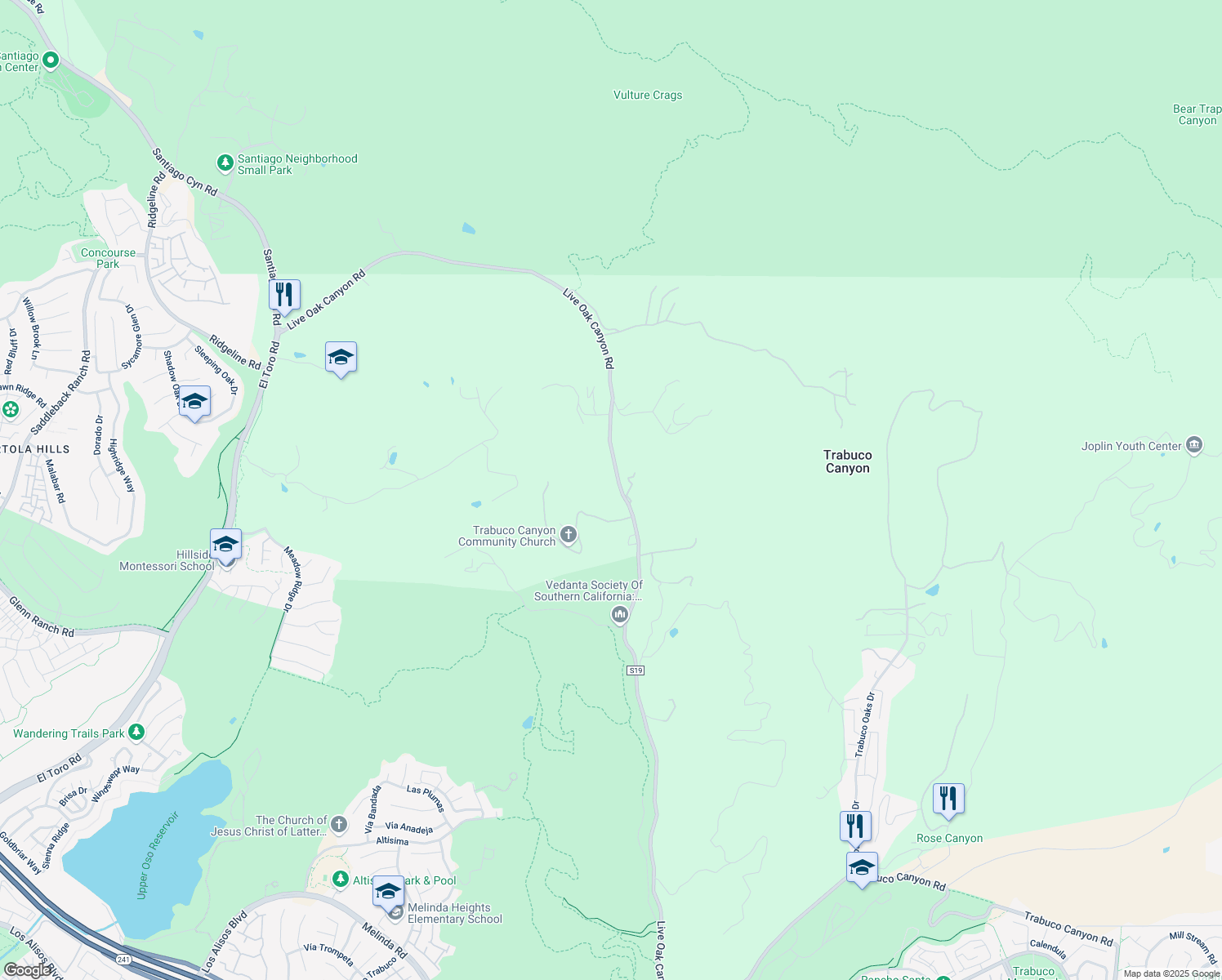 map of restaurants, bars, coffee shops, grocery stores, and more near 19605 Live Oak Canyon Road in Trabuco Canyon