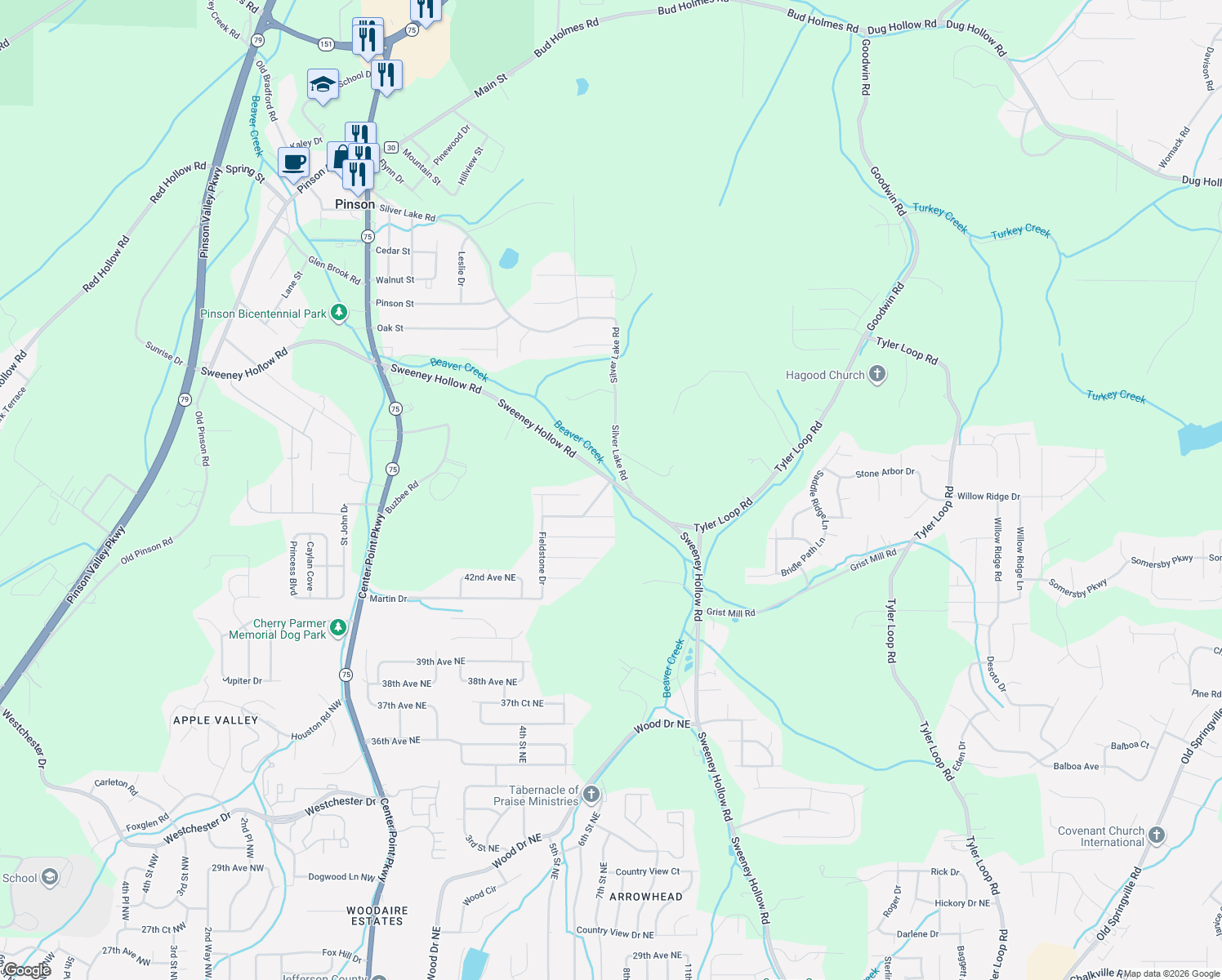 map of restaurants, bars, coffee shops, grocery stores, and more near 4249 Centerwood Drive in Birmingham