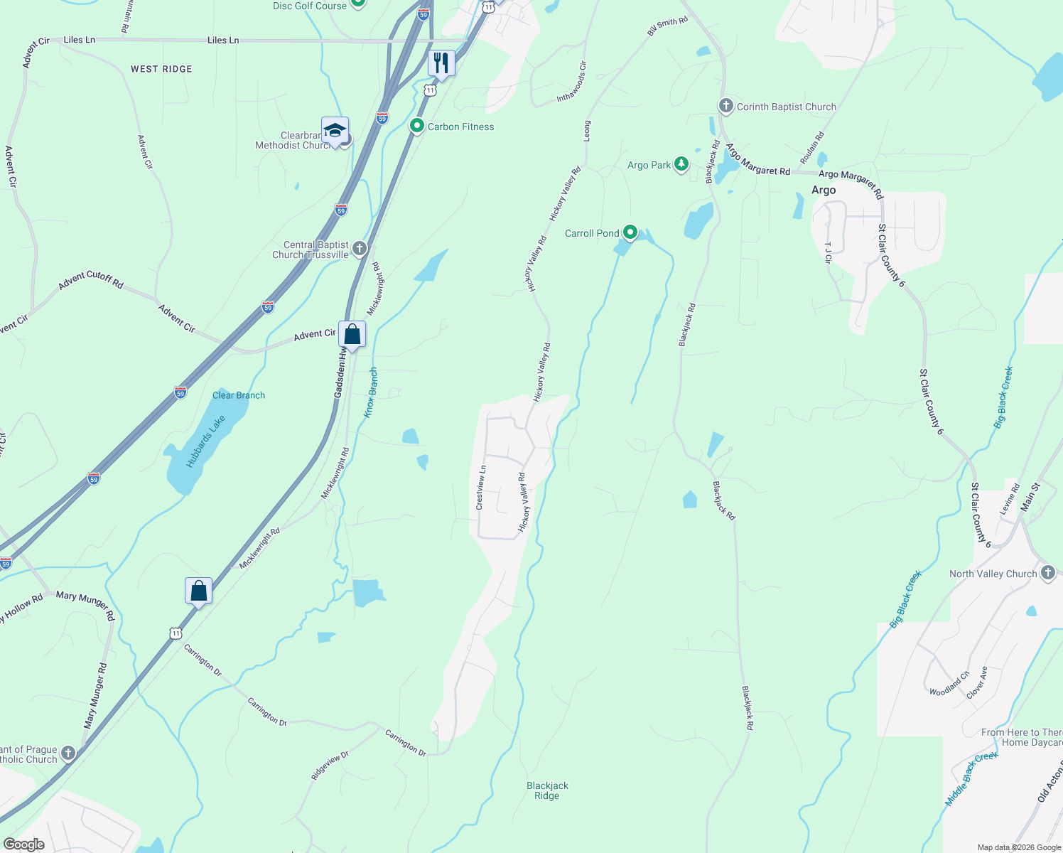 map of restaurants, bars, coffee shops, grocery stores, and more near 949 Hickory Valley Road in Trussville
