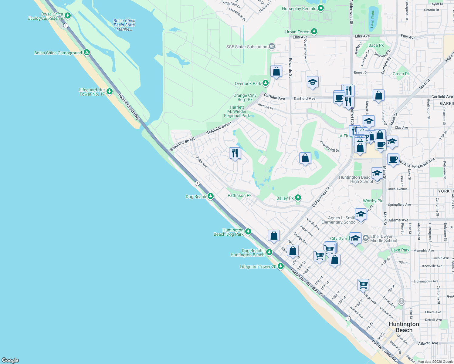 map of restaurants, bars, coffee shops, grocery stores, and more near 6182 Fernwood Dr in Huntington Beach