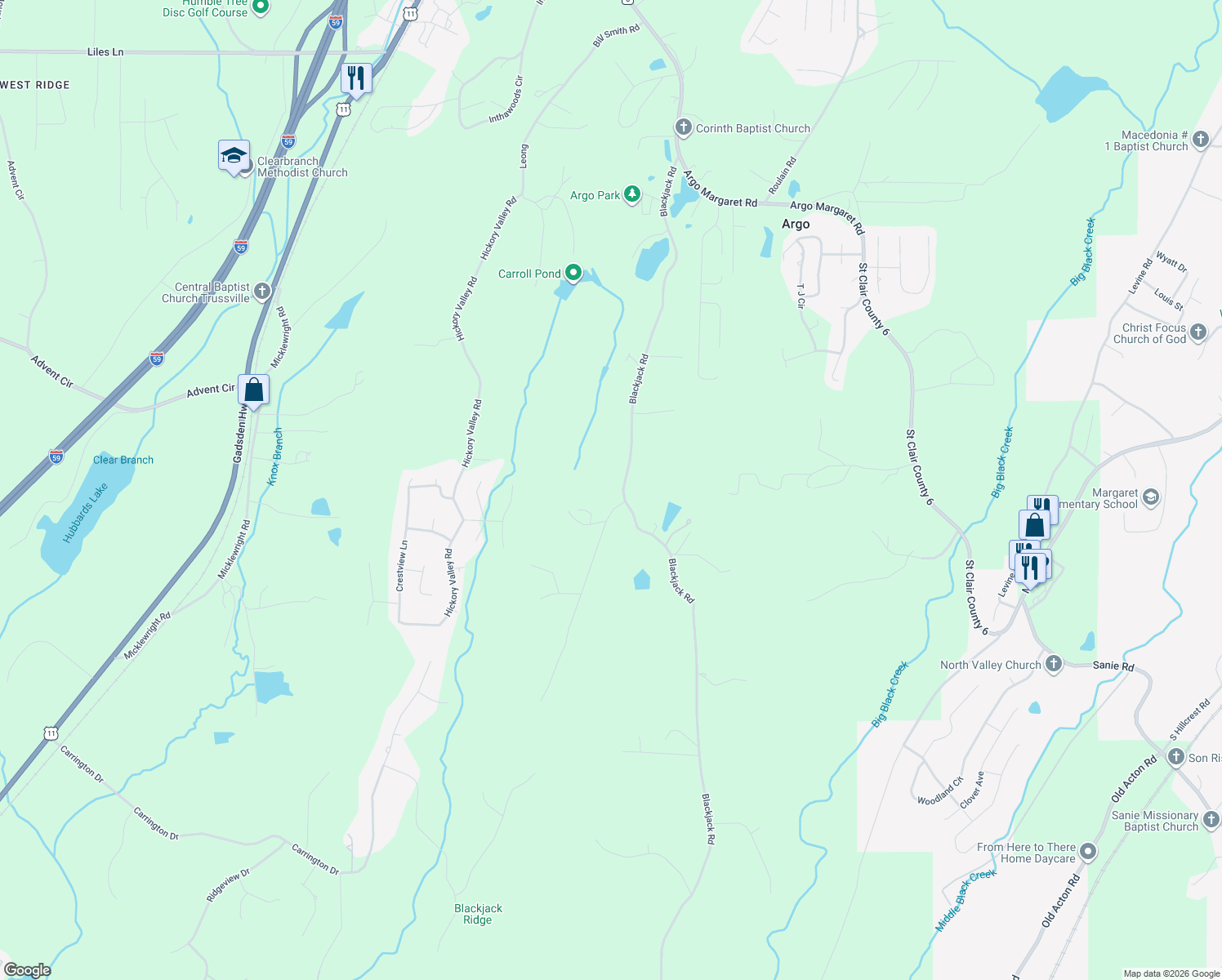 map of restaurants, bars, coffee shops, grocery stores, and more near 798 Blackjack Road in Trussville
