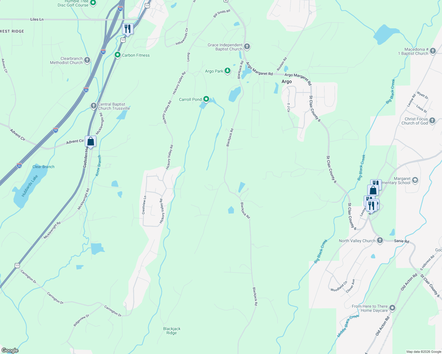 map of restaurants, bars, coffee shops, grocery stores, and more near 829 Blackjack Road in Trussville