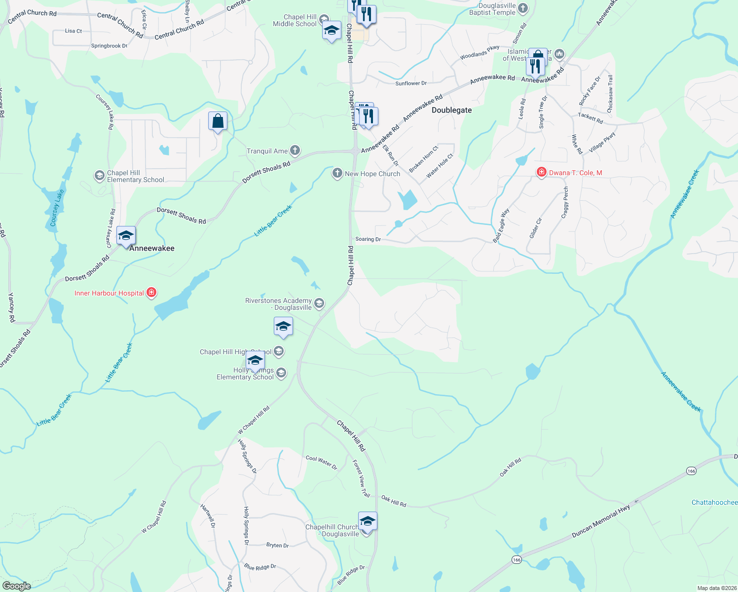 map of restaurants, bars, coffee shops, grocery stores, and more near 4241 E Chapel Hill Rd in Douglasville