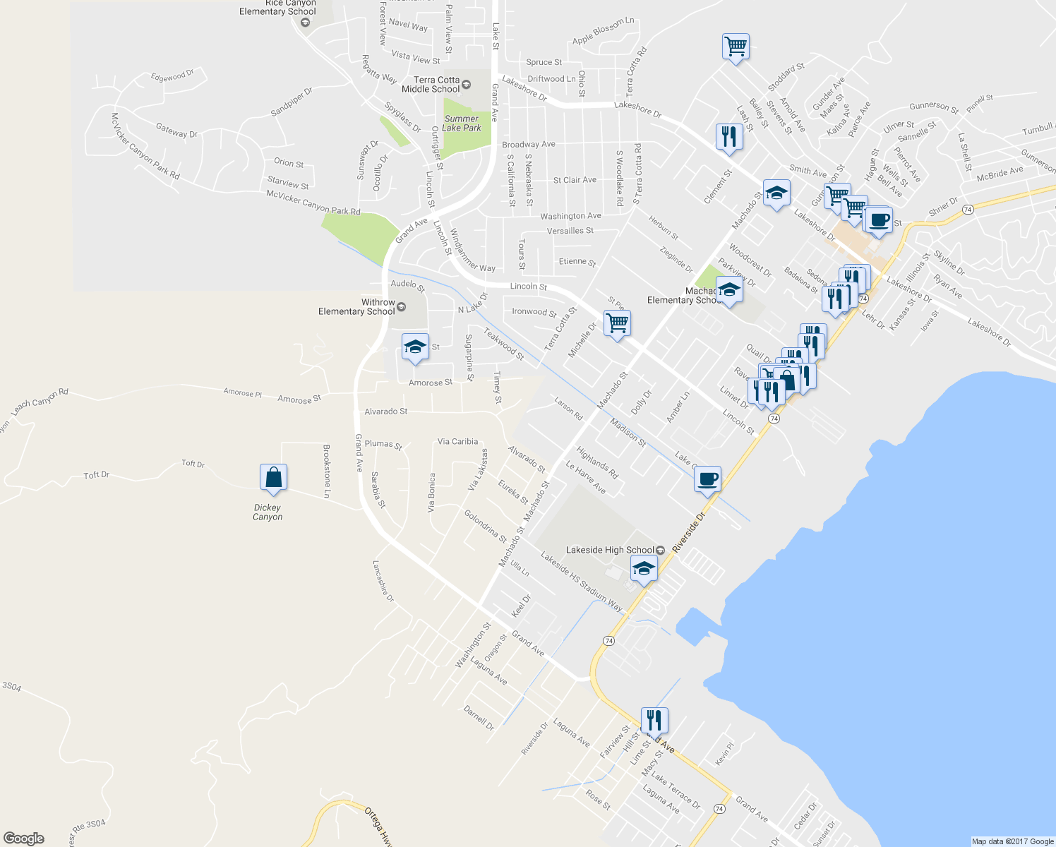 map of restaurants, bars, coffee shops, grocery stores, and more near Crestview Drive in Lake Elsinore