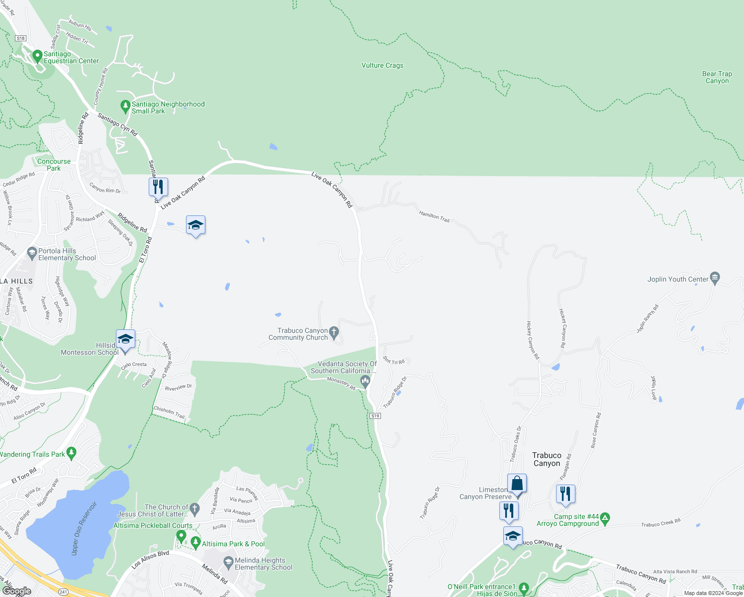 map of restaurants, bars, coffee shops, grocery stores, and more near 19334 Live Oak Canyon Road in Trabuco Canyon