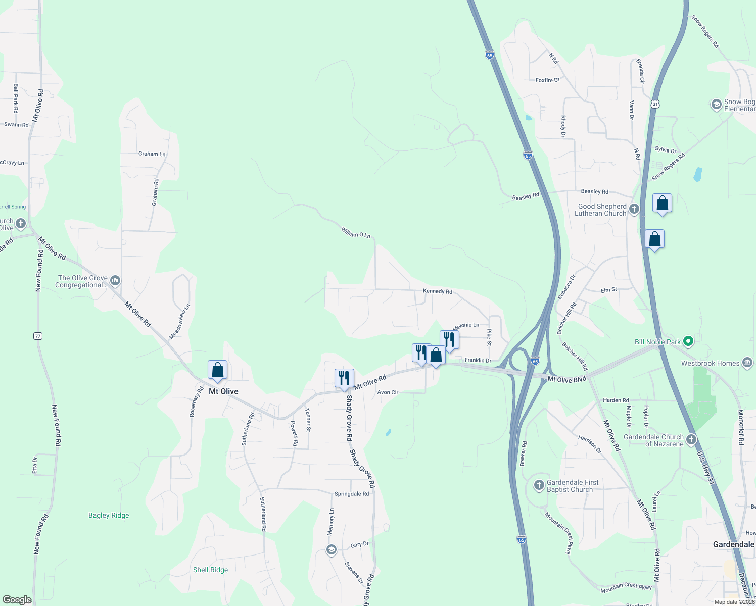 map of restaurants, bars, coffee shops, grocery stores, and more near 5705 Garden Wood Drive in Gardendale