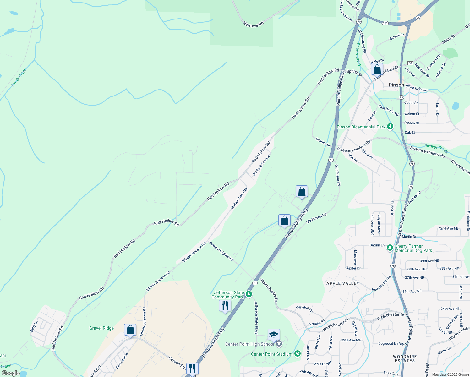 map of restaurants, bars, coffee shops, grocery stores, and more near 3600 Pinson Heights Circle in Center Point