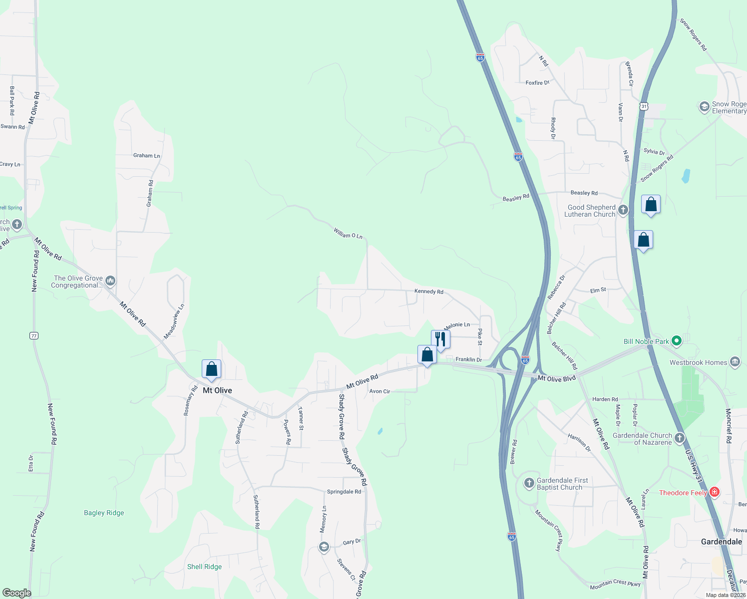 map of restaurants, bars, coffee shops, grocery stores, and more near 5720 Garden Wood Drive in Gardendale