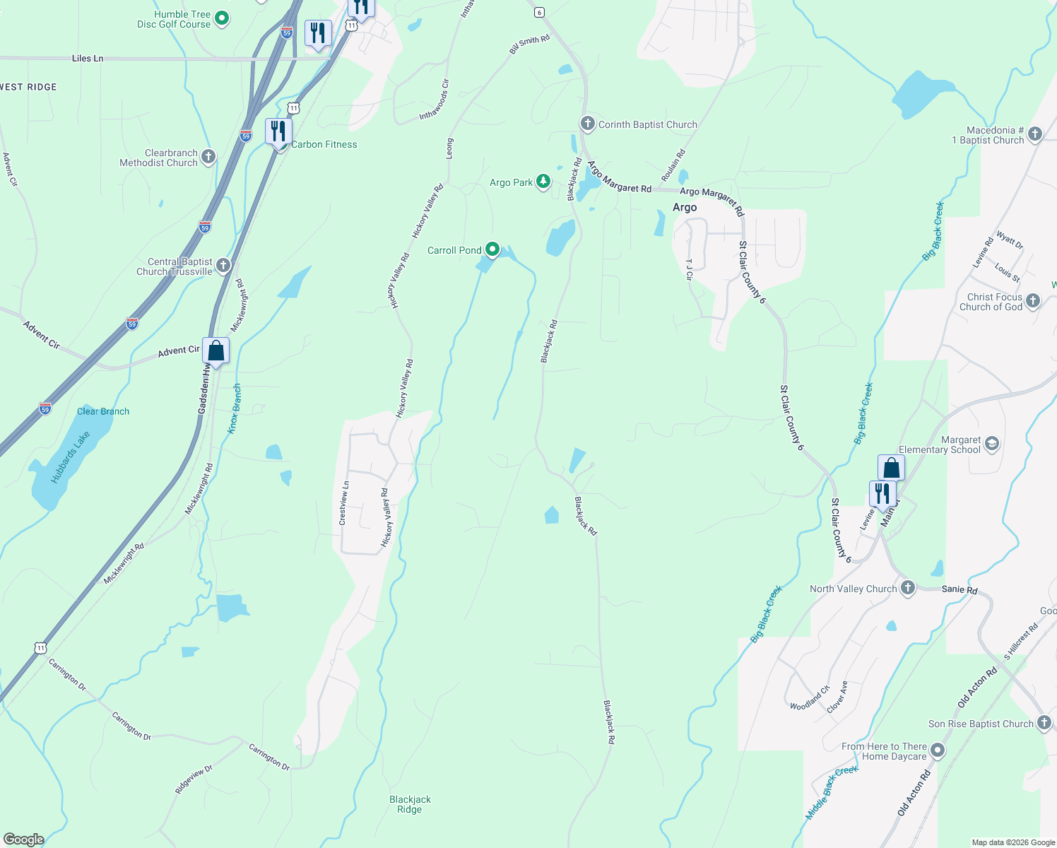 map of restaurants, bars, coffee shops, grocery stores, and more near 690 Blackjack Road in Trussville
