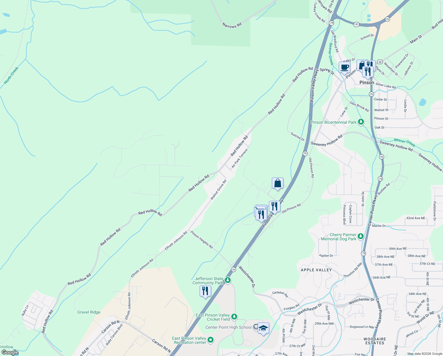 map of restaurants, bars, coffee shops, grocery stores, and more near 5855 Walnut Grove Road in Center Point