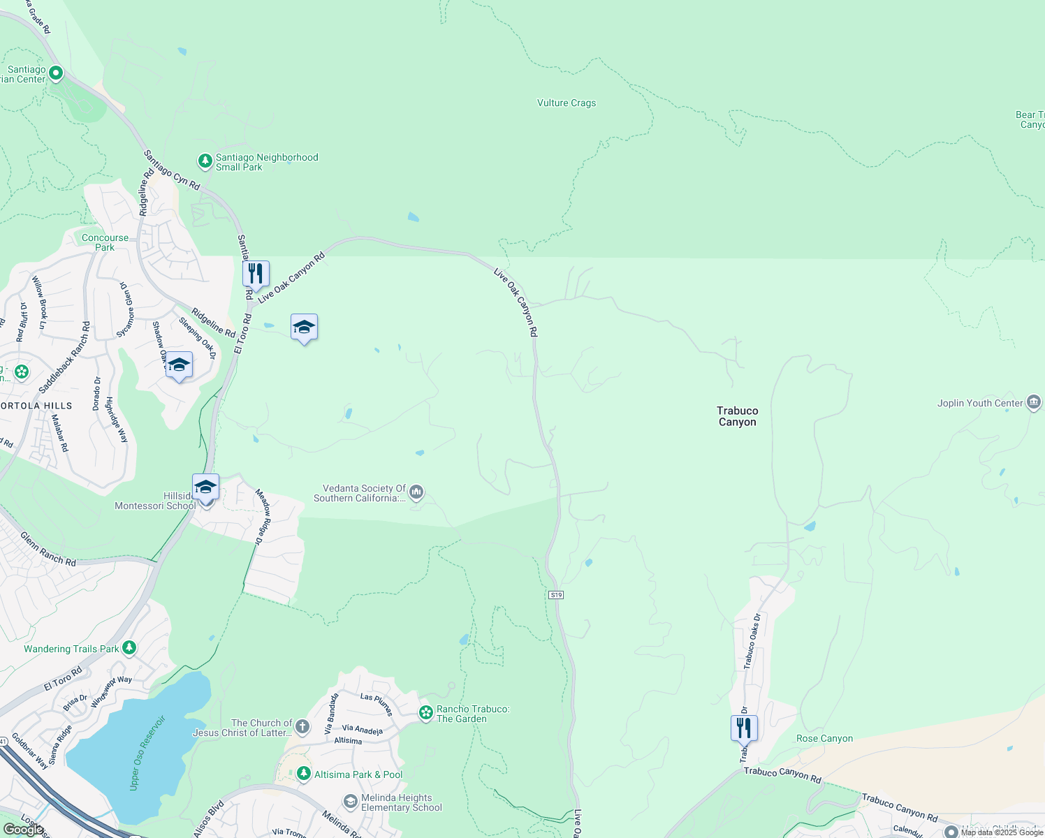 map of restaurants, bars, coffee shops, grocery stores, and more near 19605 Live Oak Canyon Road in Trabuco Canyon